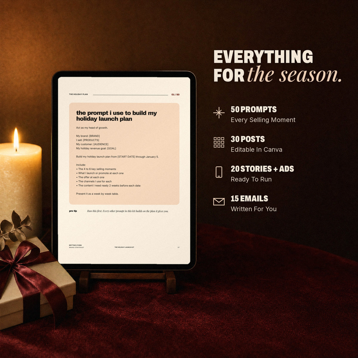 Prompt page on an iPad beside what is inside: 50 prompts, 30 posts, 20 stories and ads, 15 emails