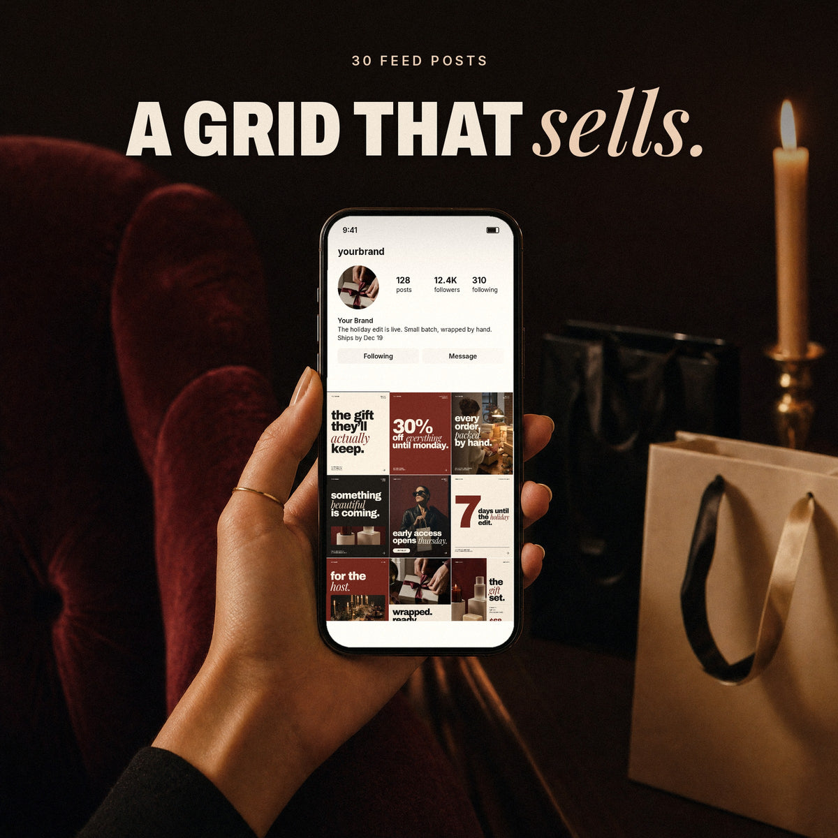 Hand holding a phone showing a holiday Instagram grid built from the kit templates