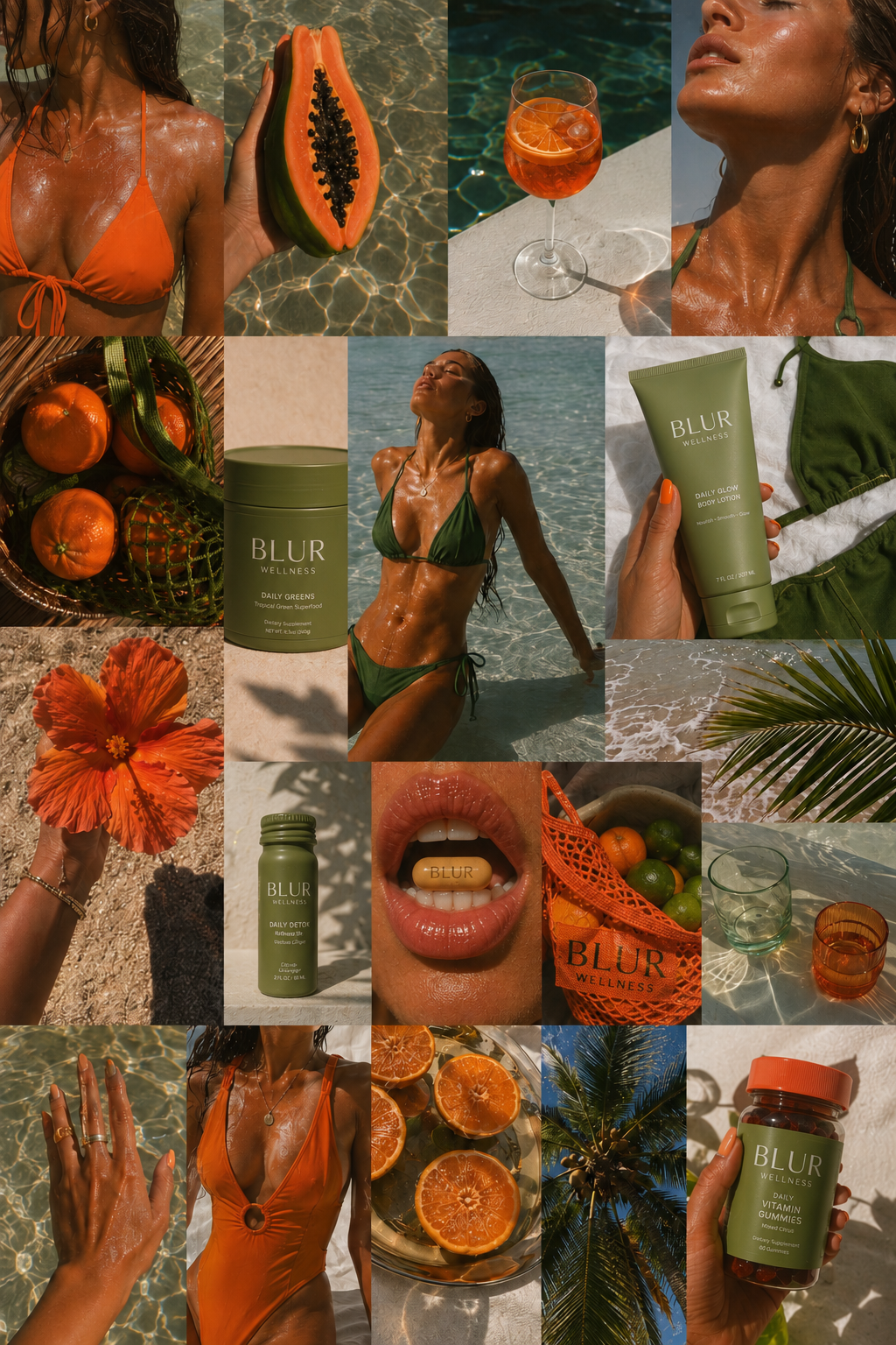 Collage of images featuring people, fruits, and skincare products with a focus on orange and green colors.