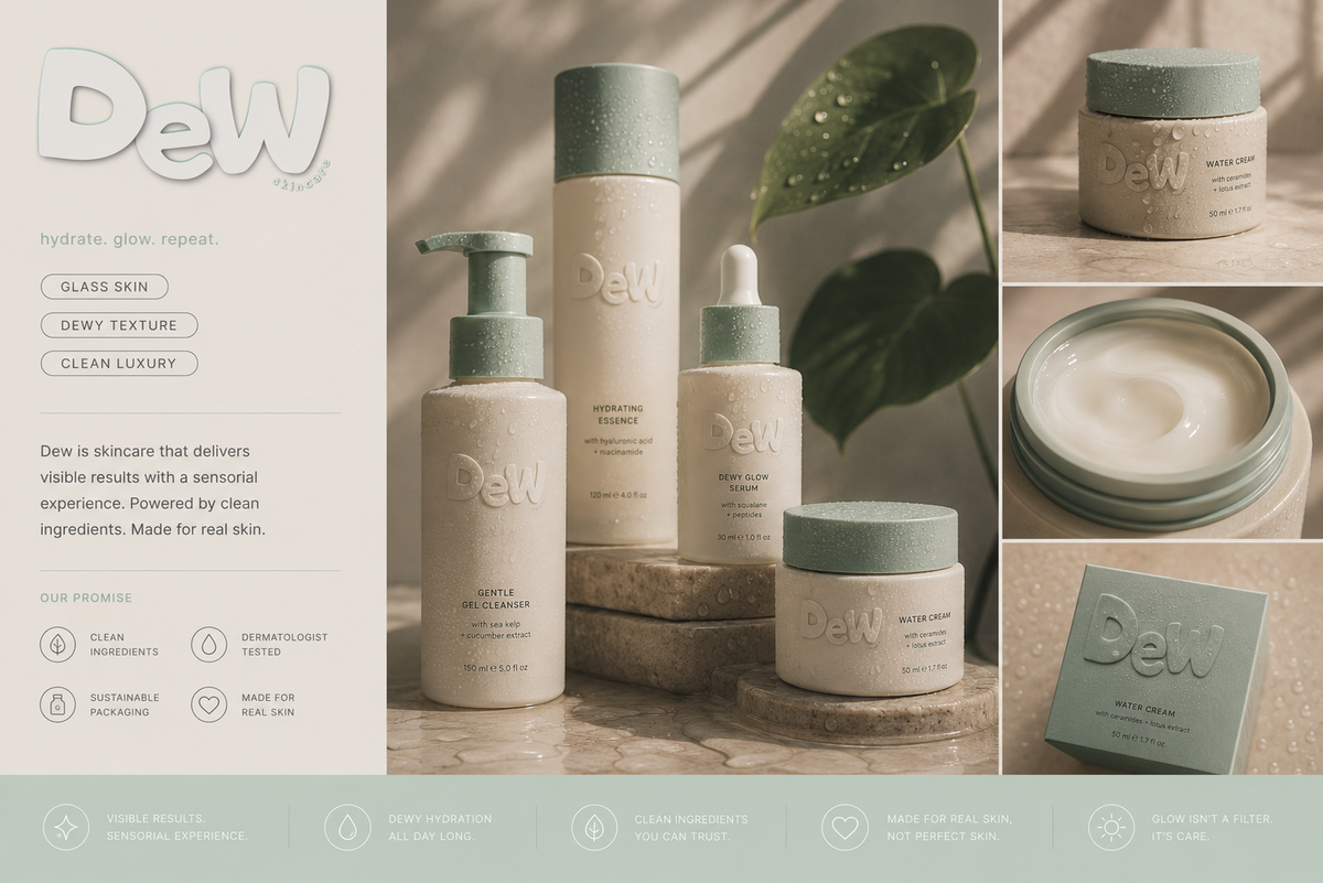Dew skincare product line with bottles and jars on a neutral background