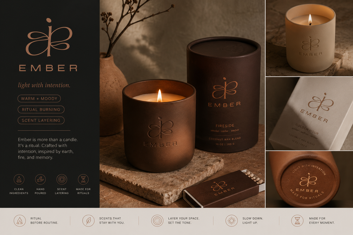 Collage of Ember candles and packaging with branding elements.
