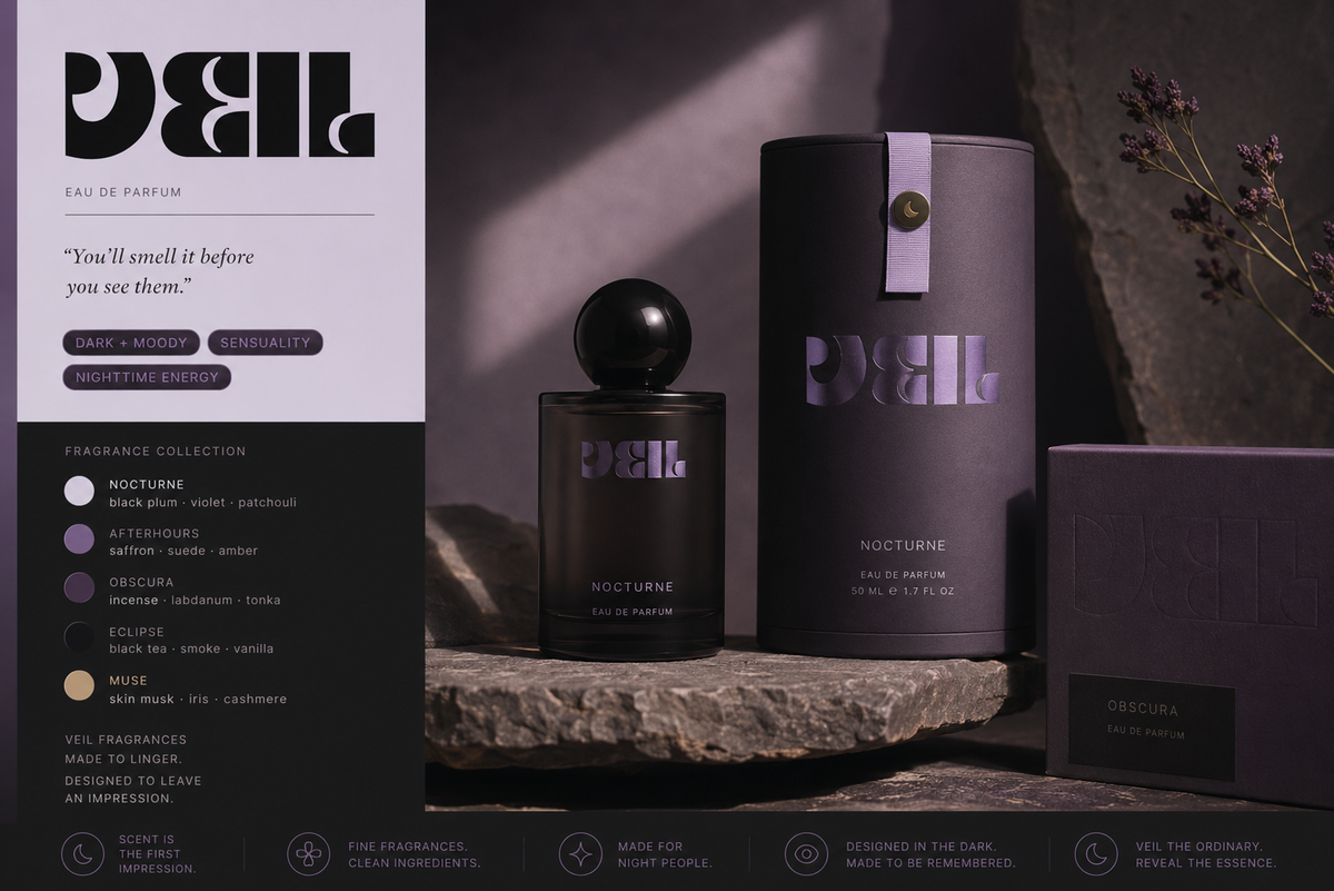 VEIL perfume bottle and packaging on a dark surface with a blurred background
