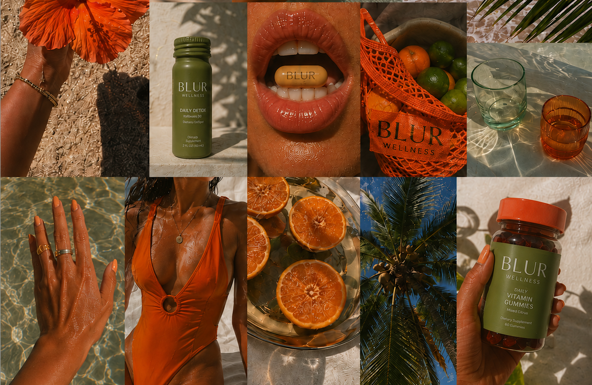 Collage of images featuring orange-themed products and activities, including a bottle labeled 'Blur' and dried oranges.