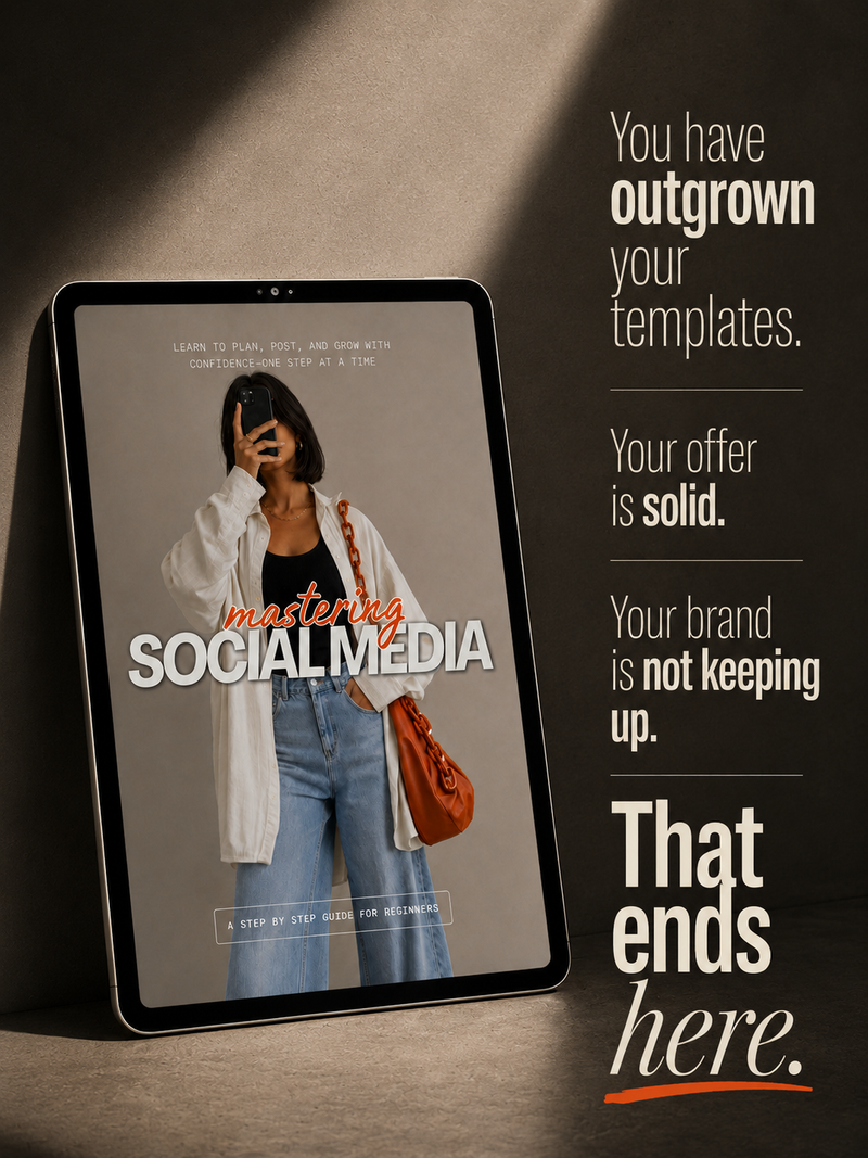 Tablet displaying a book cover titled 'Mastering Social Media' with text about outgrowing templates and keeping up with brand.