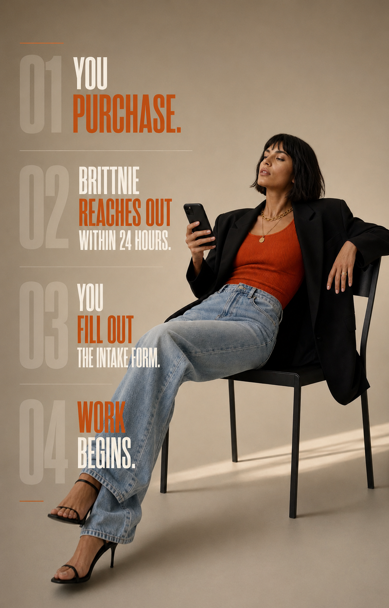 Woman sitting on a chair using a phone with text about a purchasing process.