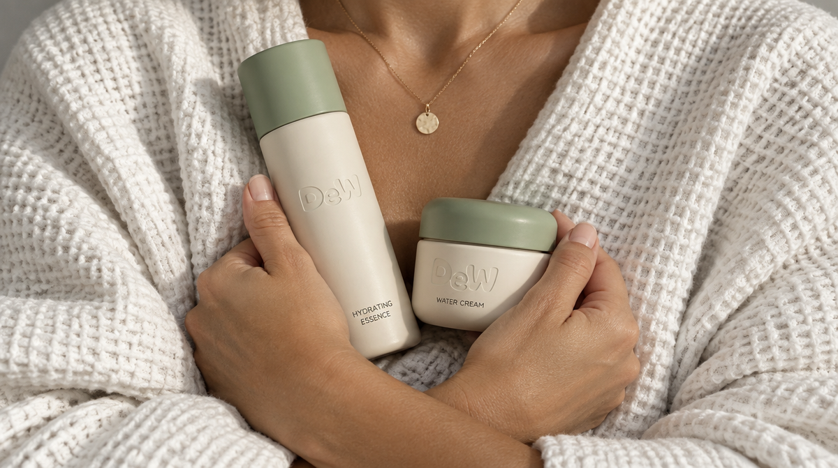 Dew products tucked in a robe pocket
