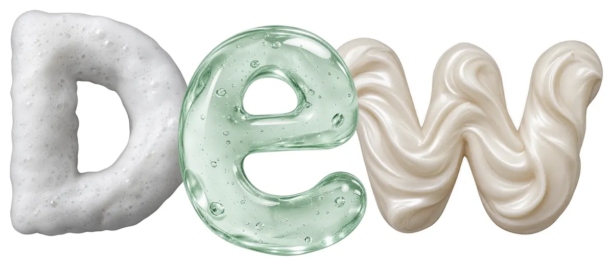 DEW spelled in cleanser foam, clear gel and water cream