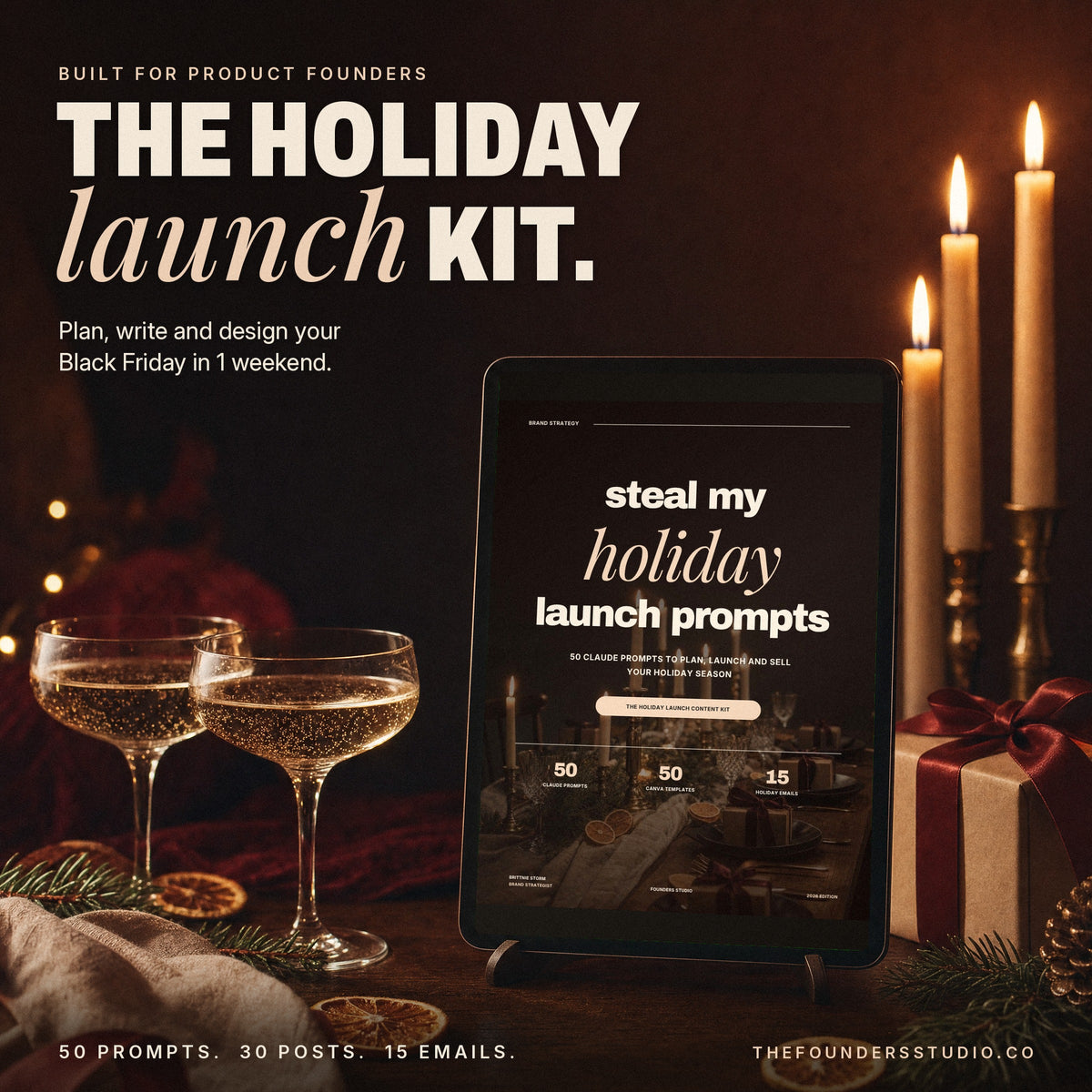 The Holiday Launch Content Kit prompt book cover on an iPad at a candlelit holiday table