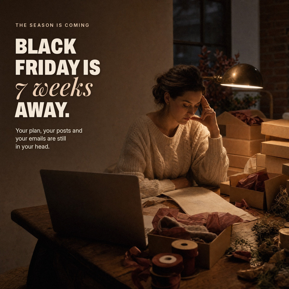 Founder at her packing desk at night with Black Friday 7 weeks away