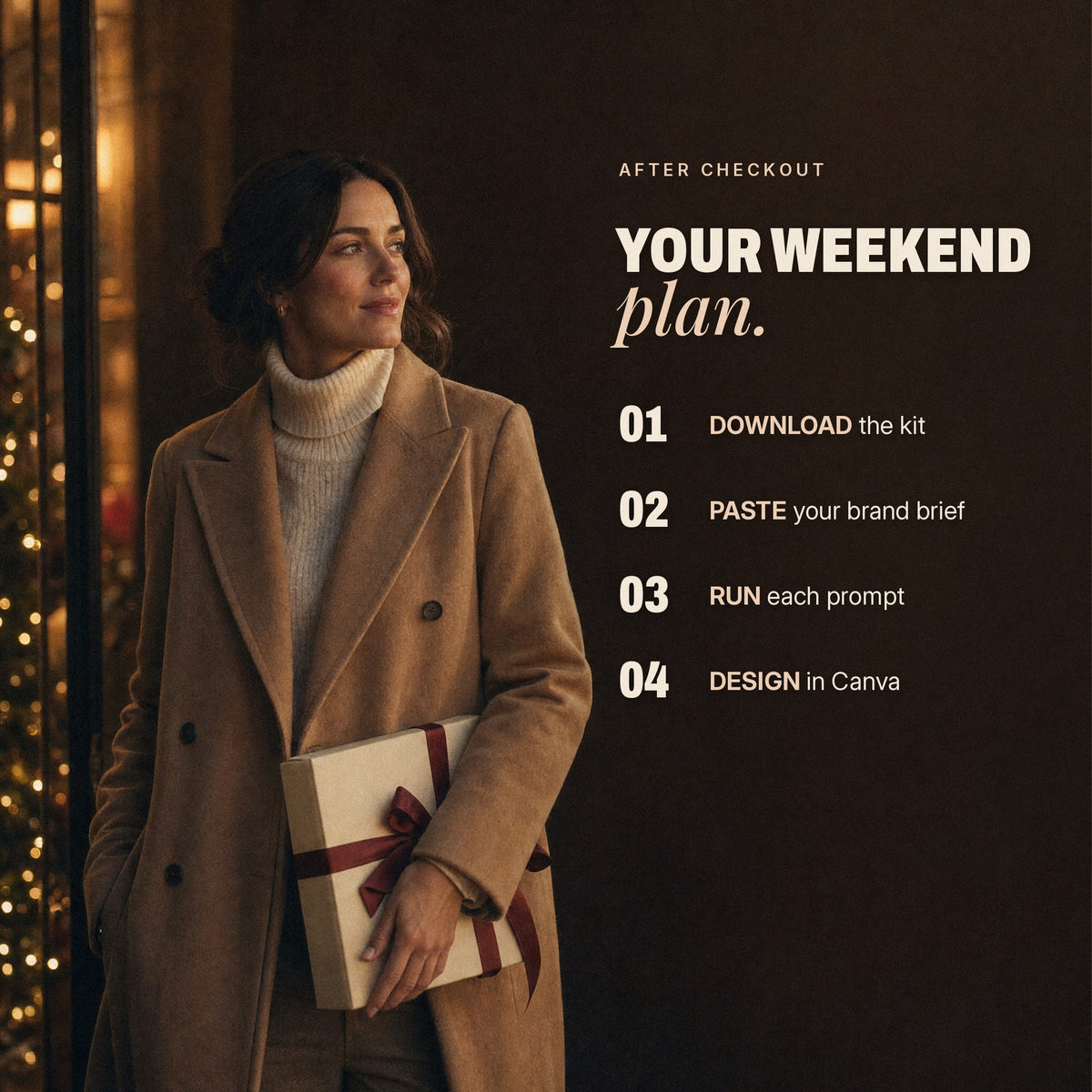 Woman in a camel coat holding a gift beside the 4 steps to use the kit