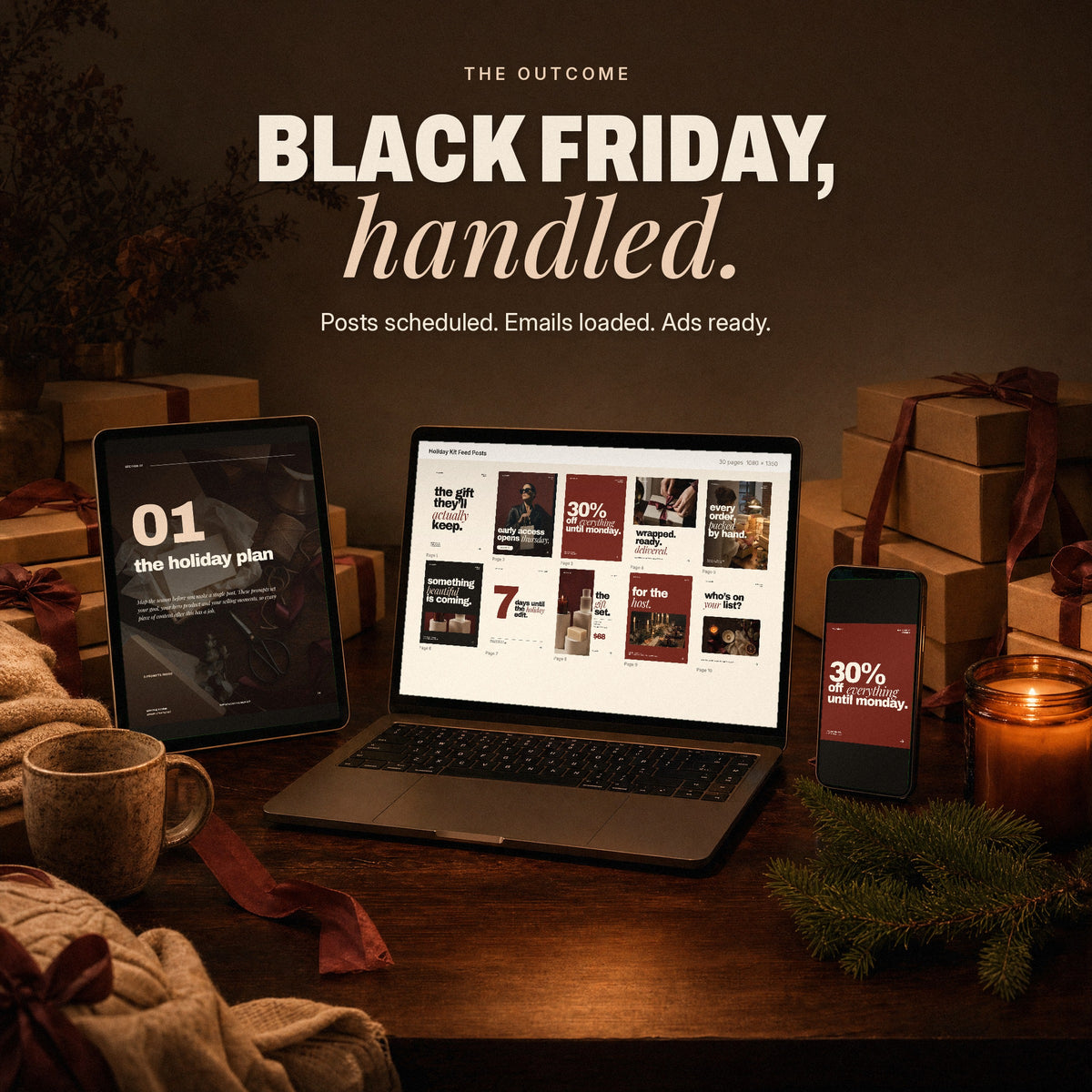 Laptop, iPad and phone showing the kit on a candlelit desk with packed orders